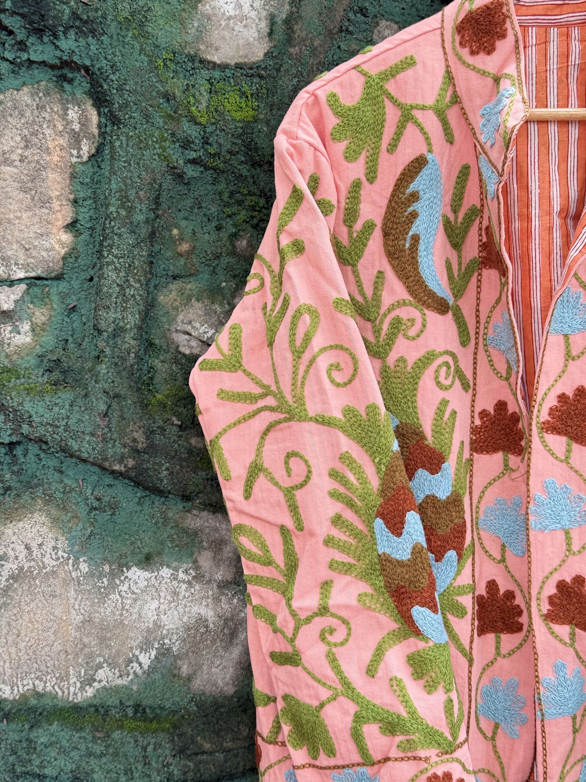 Womens Light Pink Velvet Embroidered Jacket with Floral Design - Image 5