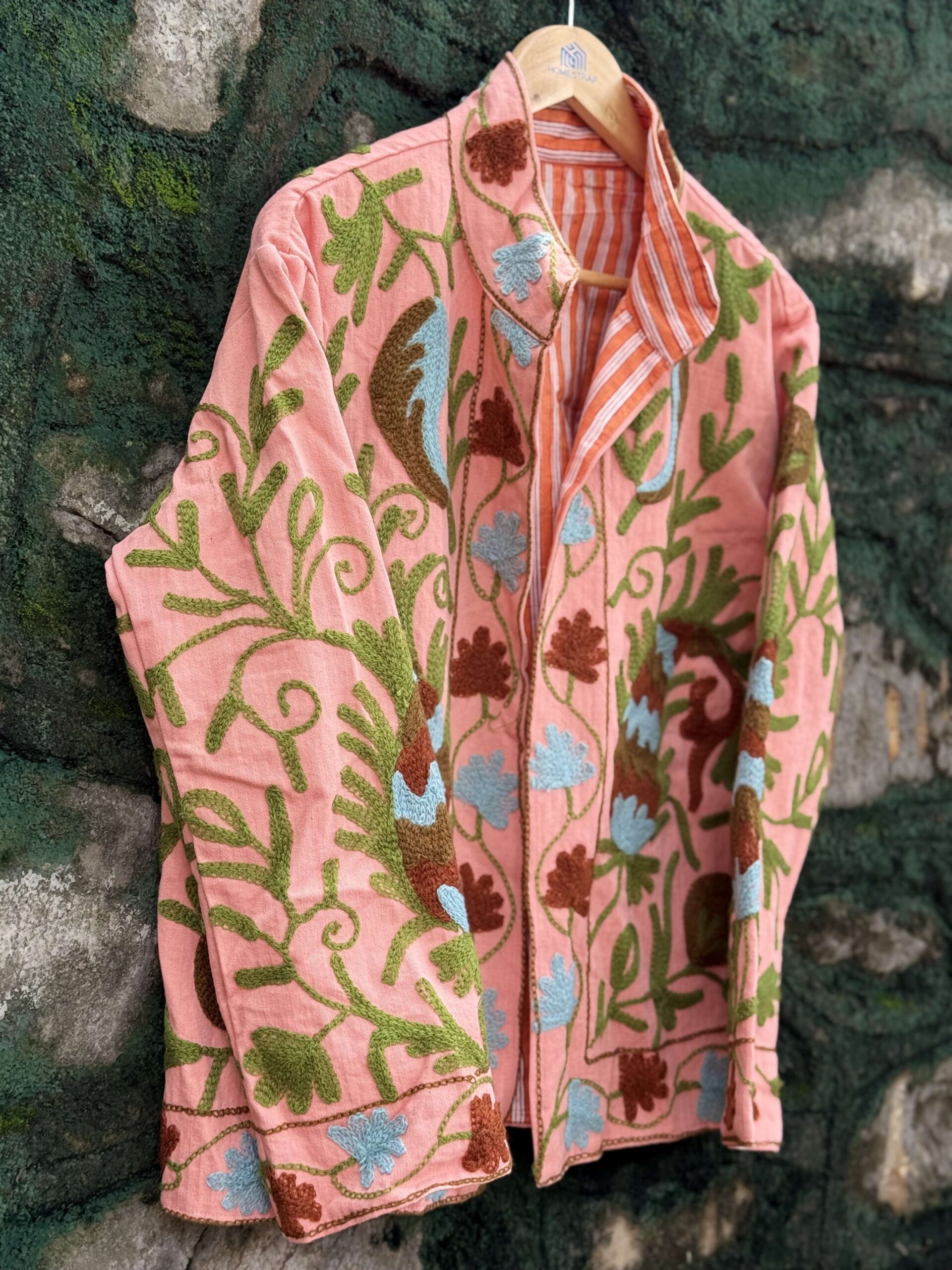Womens Light Pink Velvet Embroidered Jacket with Floral Design - Image 7