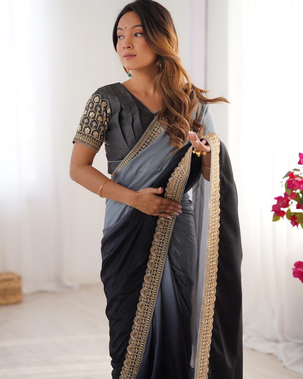 Women's Elegant Ombre Green Georgette Saree with Intricate Golden Zari & Stone Embellishments – Complete with Heavily Worked Blouse for Festive & Wedding Wear - Image 3